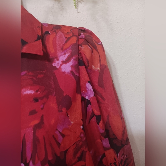 Red and Pink Puff Sleeve Blouse with Notched Collar - Picture 5 of 14